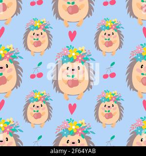 Seamless pattern with a cute cheerful hedgehog Stock Vector