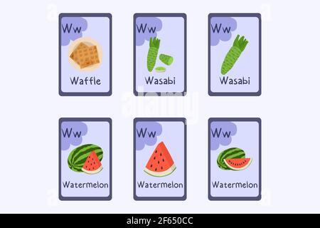 Colorful alphabet flashcard Letter W - waffle, wasabi, watermelon. Stock Vector