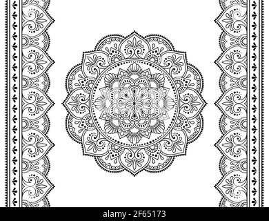 Set of mandala pattern and seamless border for Henna drawing and tattoo. Decoration in oriental, Indian style. Stock Photo