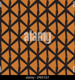 Vector painterly lattice braid weave seamless interlace pattern background.Macrame effect criss cross ochre black backdrop. Woven geometric earthy Stock Vector
