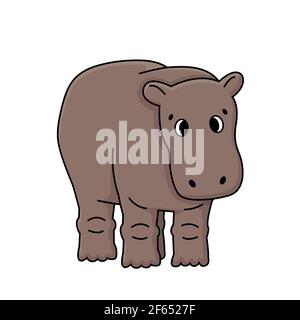 Cute brown outline doodle cartoon gray hippo stands or goes to somewhere, eyes slanted. Vector isolated illustration on white background, front view. Stock Vector