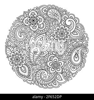 Outline round flower pattern in mehndi style for coloring book page. Antistress for adults and children. Doodle ornament in black and white. Hand draw Stock Photo