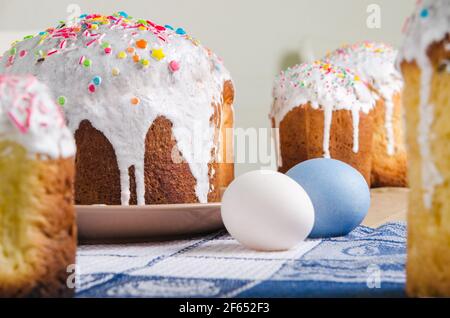 Festive Easter cakes with decorations and easter eggs Stock Photo