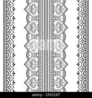 Seamless borders pattern for Mehndi, Henna drawing and tattoo. Decoration in ethnic oriental, Indian style. Doodle ornament. Outline hand draw vector Stock Photo