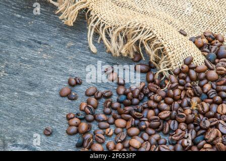 coffee beans on a rough sacking. Stock Photo