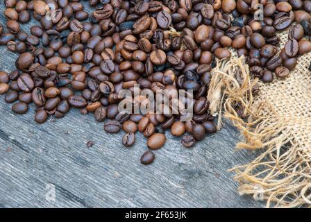 coffee beans on a rough sacking. Stock Photo