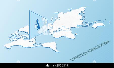 World Map in isometric style with detailed map of United Kingdom. Light blue United Kingdom map with abstract World Map. Vector illustration. Stock Vector