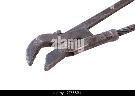 A rusty spanner for the work of a locksmith in the workshop. Locksmith tools isolated on a white background Stock Photo