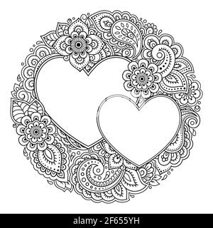 Round decorative frame with floral pattern in forn of heart in mehndi style. Antistress coloring book page. Doodle ornament in black and white. Outlin Stock Photo