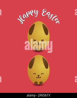 graphic illustration of two Easter eggs with rabbit face cartoon drawing on egg, Text Happy Easter above on the pink background Stock Vector