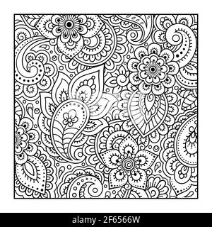 Outline square flower pattern in mehndi style for coloring book page. Antistress for adults and children. Doodle ornament in black and white. Hand dra Stock Photo