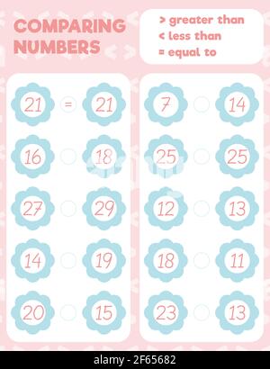 Comparing numbers worksheet practice print sheet. Vector illustration. Stock Vector