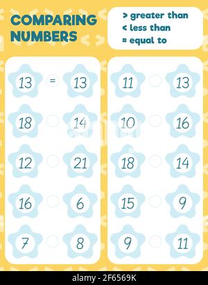 Comparing numbers worksheet practice print sheet. Vector illustration. Stock Vector