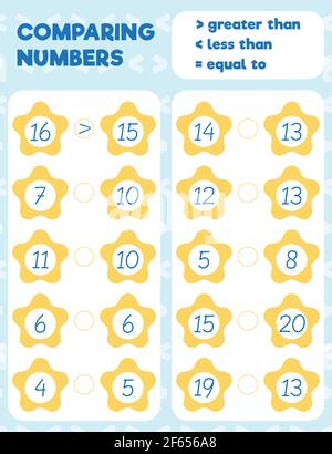 Comparing numbers worksheet practice print sheet. Vector illustration. Stock Vector