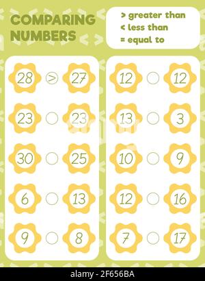 Comparing numbers worksheet practice print sheet. Vector illustration. Stock Vector