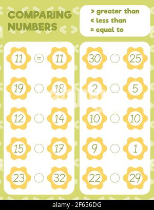 Comparing numbers worksheet practice print sheet. Vector illustration. Stock Vector