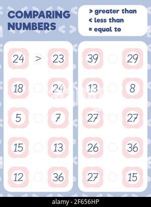 Comparing numbers worksheet practice print sheet. Vector illustration. Stock Vector