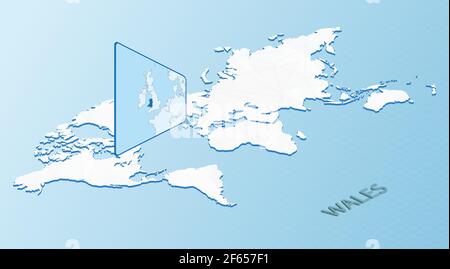 World Map in isometric style with detailed map of Wales. Light blue Wales map with abstract World Map. Vector illustration. Stock Vector