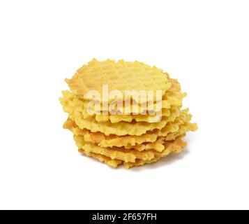 round baked waffle isolated on white background, belgian waffle Stock Photo