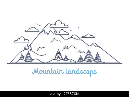 Mountain landscape - linear vector simple illustration on white background simple linear illustration on white background. Stock Vector