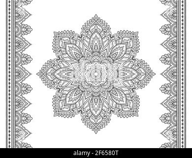 Set of mandala pattern and seamless border for Henna drawing and tattoo. Decoration in oriental, Indian style. Stock Photo
