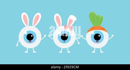 Easter cute eye ball with bunny ears and carrot icon set. Stock Vector