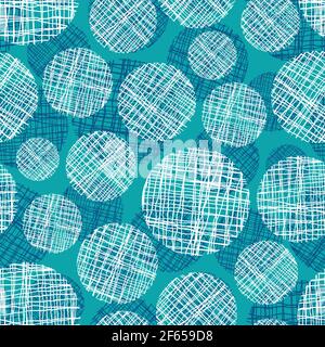 Irregular weave yarn vector circle seamless pattern background. Backdrop with small and large circular woven shapes and shadow effect. Aqua, cobalt Stock Vector