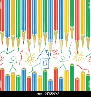 Seamless vector pattern with coloured pencils on white background. Cute hand drawn wallpaper design for children. Preschool fashion textile. Stock Vector