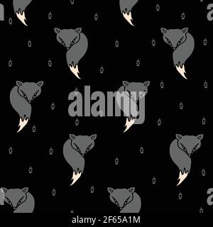 Seamless vector pattern with grey foxes on black background. Simple animal wallpaper design. Trendy fashion textile. Stock Vector