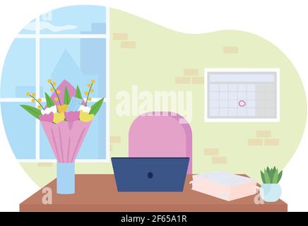 Office desk with bouquet in vase 2D vector web banner, poster Stock Vector
