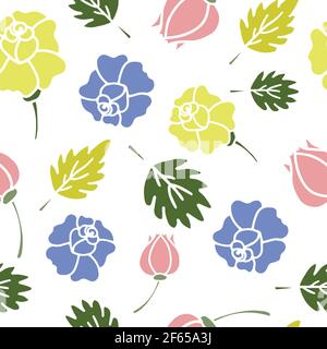 Seamless vector pattern with colourful flowers on white background. Simple floral summer wallpaper design. Roses and leaves. Stock Vector