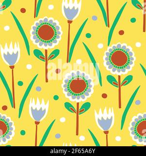 Seamless vector pattern with hand drawn flowers on bright yellow background. Summer meadow wallpaper design with sunflower and tulip. Stock Vector