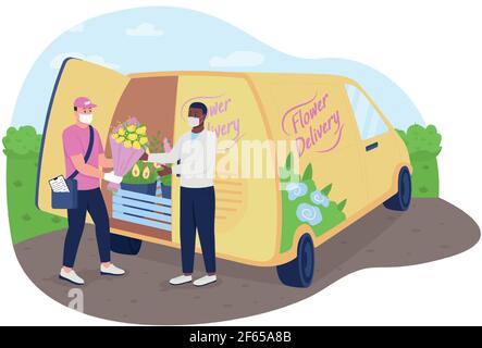 Flowers delivery truck during pandemic 2D vector web banner, poster Stock Vector