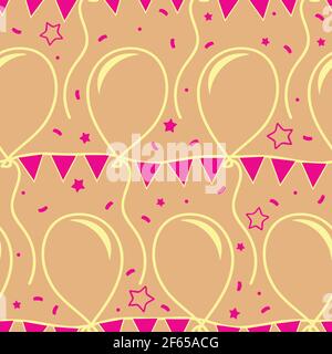 Seamless vector pattern with balloons and stars on pink background. Baby shower wallpaper design for girls. Celebrating fashion textile. Stock Vector