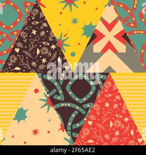 Seamless vector pattern with retro triangle patchwork. Colourful geometrical background. Textured  mosaic wallpaper design. Stock Vector