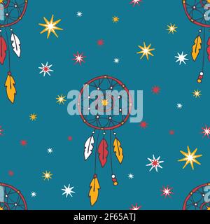 Seamless vector pattern with dream catcher on blue background. Tribal wallpaper design on turquoise. Spiritual fashion textile. Stock Vector