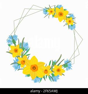 Frame with spring flowers. A circular wreath with yellow daffodils and blue cornflowers. Template for invitations and congratulations.Vector. Stock Vector