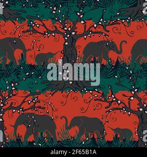 Seamless vector pattern with elephant silhouettes on orange red background. African animal landscape wallpaper design. Tropical forest fashion. Stock Vector