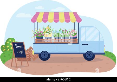 Floral cart 2D vector web banner, poster Stock Vector