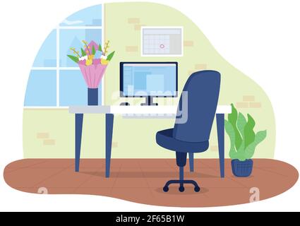 Workplace with flowers in vase 2D vector web banner, poster Stock Vector