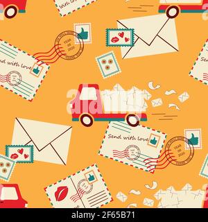 Seamless vector pattern with delivery truck on yellow background. Mail service wallpaper design with fast transport. Vintage envelope fashion textile. Stock Vector