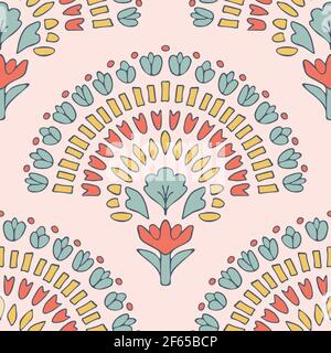 Seamless vector pattern with flower fan on pink background. Beautiful floral rainbow wallpaper design. Decorative mandala fashion textile. Stock Vector
