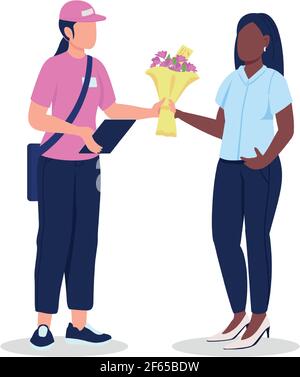 Female courier and customer with flowers flat color vector faceless character Stock Vector