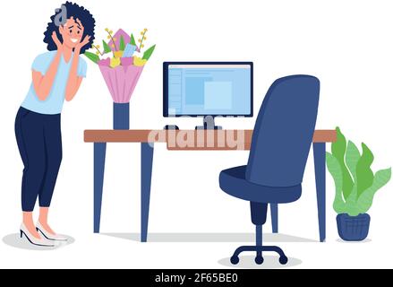 Woman surprised by bouquet at workplace flat color vector detailed character Stock Vector