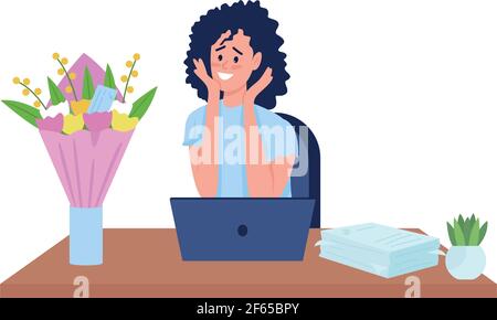 Woman in office surprised by flowers flat color vector detailed character Stock Vector