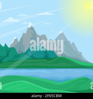 Mountain spring landscape, mountains with snow-capped peaks, river between the banks, beautiful spring day in the mountains, vector illustration in Stock Vector