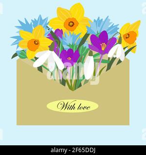 Envelope with spring flowers. Flowers daffodils, snowdrops, cornflowers, crocs in a mail envelope. Postcard for congratulations and confessions. With Stock Vector