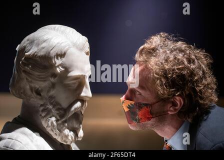 Bonhams, London, UK. 30 March 2021. Bonhams The Dunrobin Attic Sale includes more than 450 lots, including paintings, portraits, historic photographs, picture frames, marble sculptures, crested dinner services, and treasures from the historic castle’s kitchen and cellar on behalf of 25th Earl of Sutherland. Image: A Large White Marble Bust of Cromartie Sutherland-Leveson-Gower, 4th Duke of Sutherland (1851-1913). By Charlotte Besnard nee Dubray (French, 1854 – 1931). Estimate: £2,000-3,000. The sale takes place 20th April at Bonhams, Edinburgh. Credit: Malcolm Park/Alamy Live News Stock Photo
