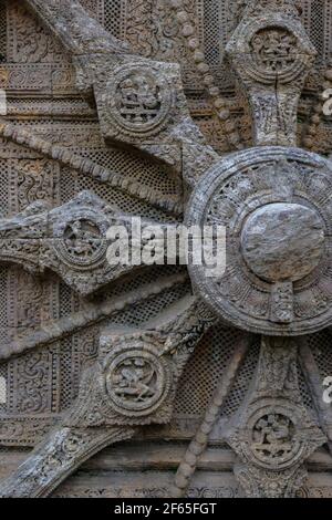 Detail of the Sun Temple was built in the 13th century and designed as a gigantic chariot of the Sun God, Surya, in Konark, Odisha, India. Stock Photo