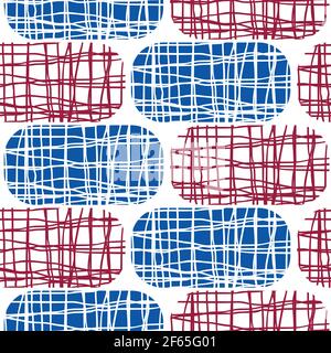 Irregular weave effect vector rectangles seamless pattern background. White backdrop with alternating rows of blue red dark rounded coarsely woven Stock Vector